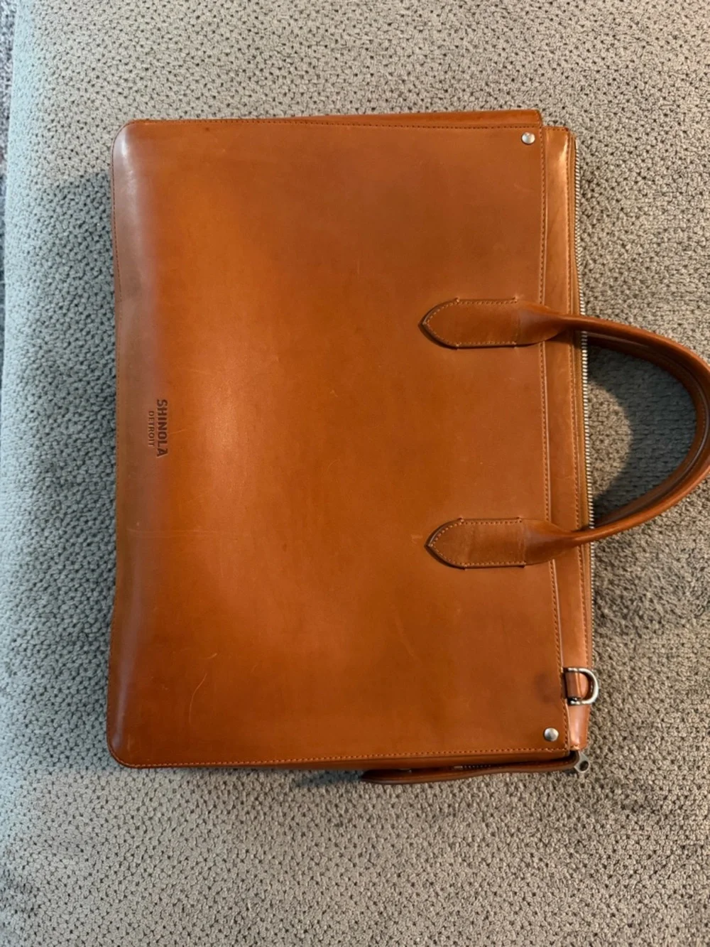Shinola Brown Leather Brief with Navy & Tan Striped Shoulder Strap
